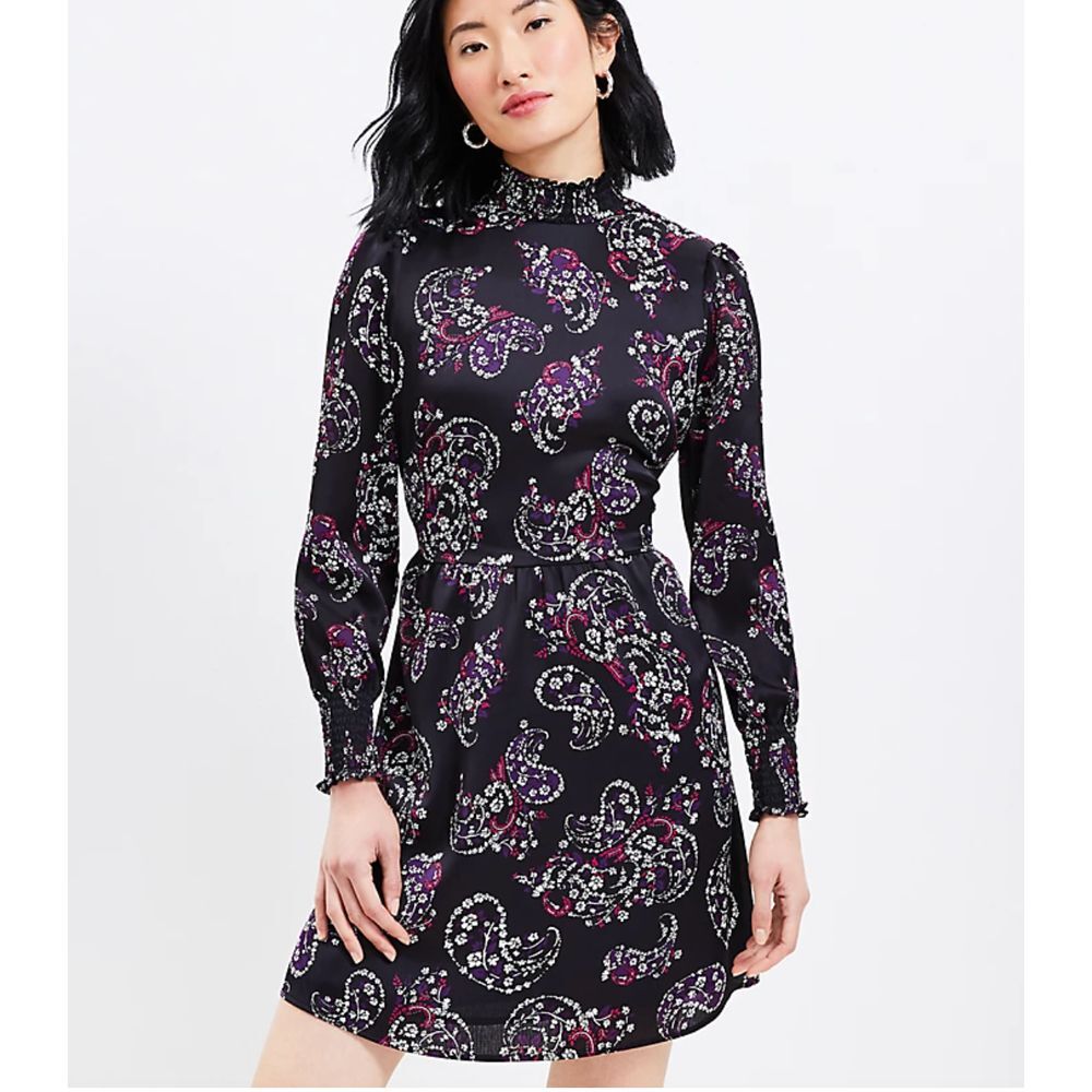 NWT LOFT Paisley Smocked Flare Long Sleeve Dress Women's Size 8 Petite Floral